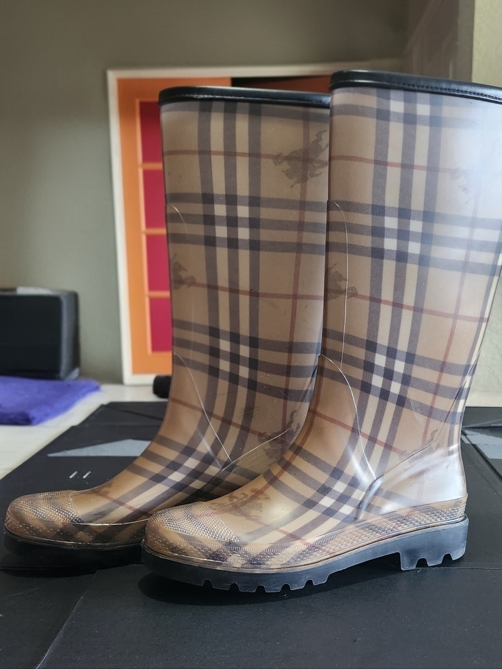 Burberry Classic Haymarket Rain Boot with Brown Trim - Picture 3 of 11